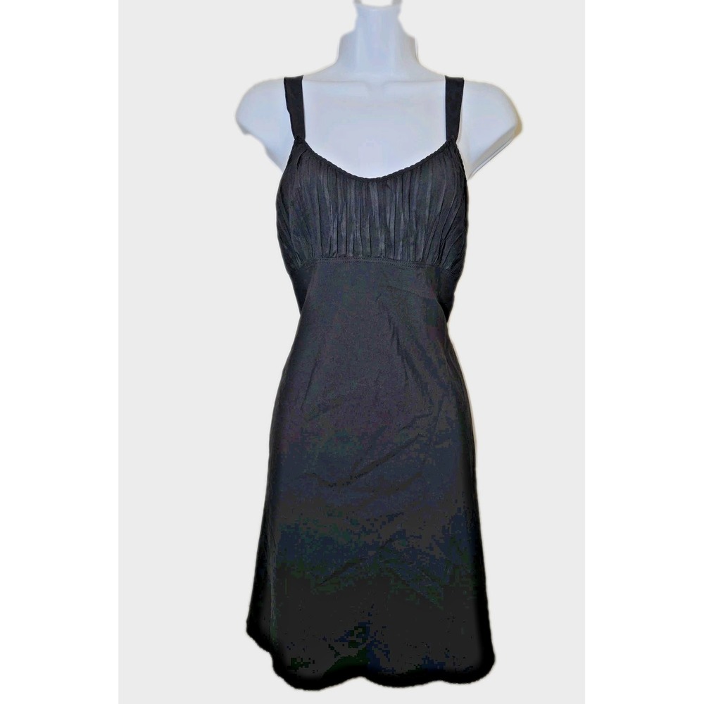 Vtg 1980s Vanity Fair Pleated Bodice Brushed Satin Black Slip Dress Sz 34 10-627